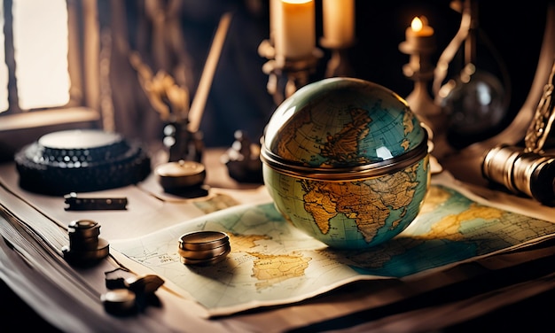 Books and map treasure map on the table in the study room