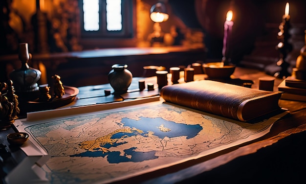 Books and map treasure map on the table in the study room