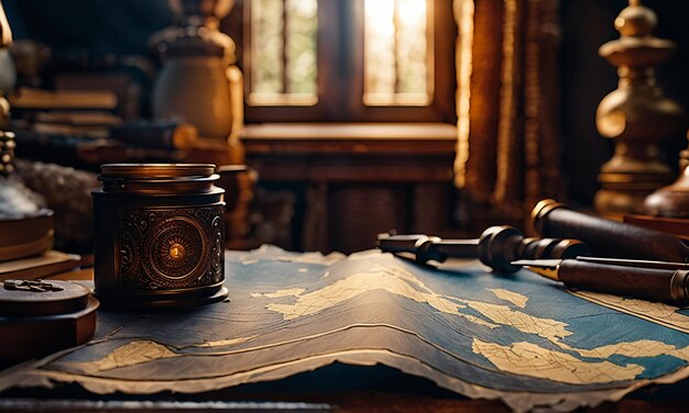 Books and map treasure map on the table in the study room