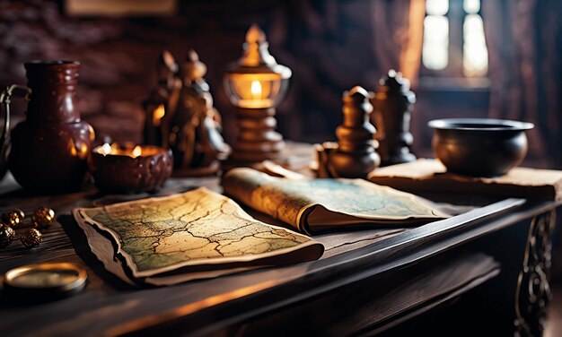 Books and map treasure map on the table in the study room