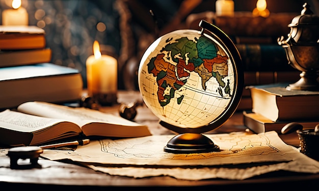 Photo books and map treasure map on the table in the study room