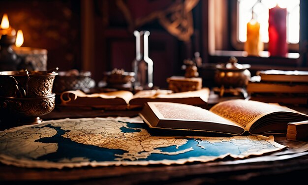 Books and map treasure map on the table in the study room