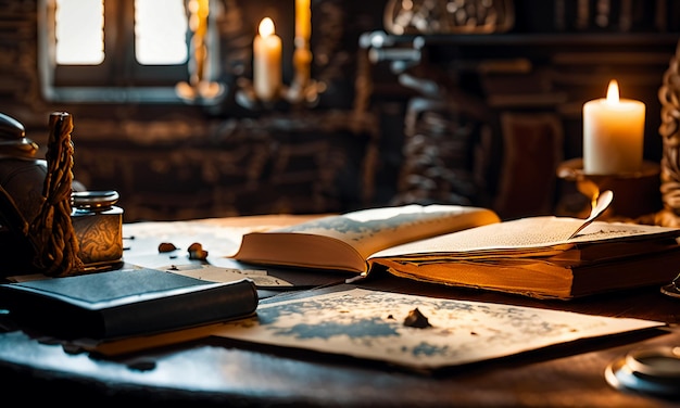 Books and map treasure map on the table in the study room