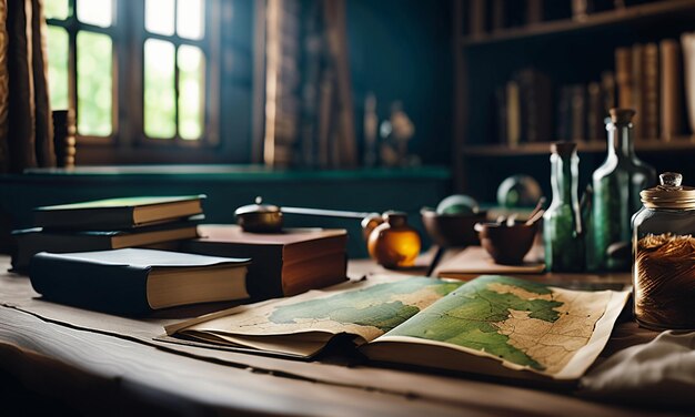 Books and map treasure map on the table in the study room