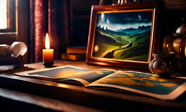 Books and map treasure map on the table in the study room