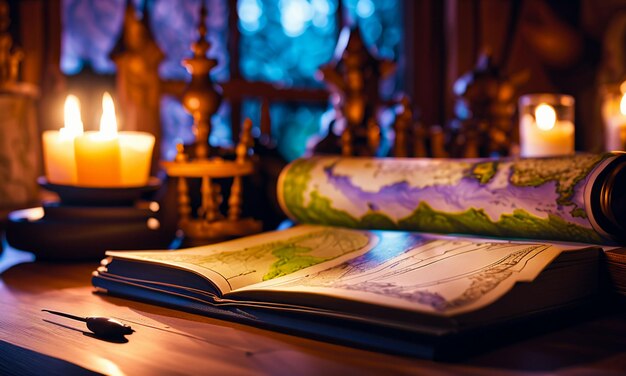 Books and map treasure map on the table in the study room