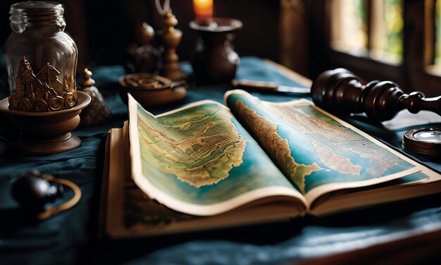 Books and map treasure map on the table in the study room