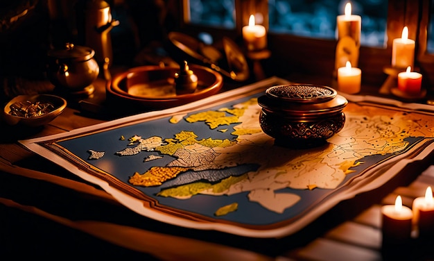 Photo books and map treasure map on the table in the study room