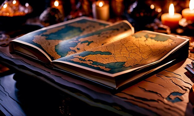 Books and map treasure map on the table in the study room