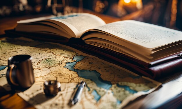 Books and map treasure map on the table in the study room