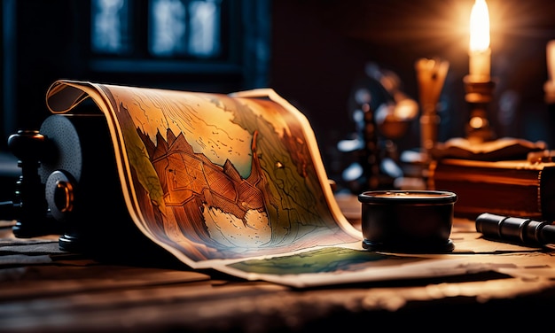 本と地図 勉強室のテーブルの上にある宝の地図