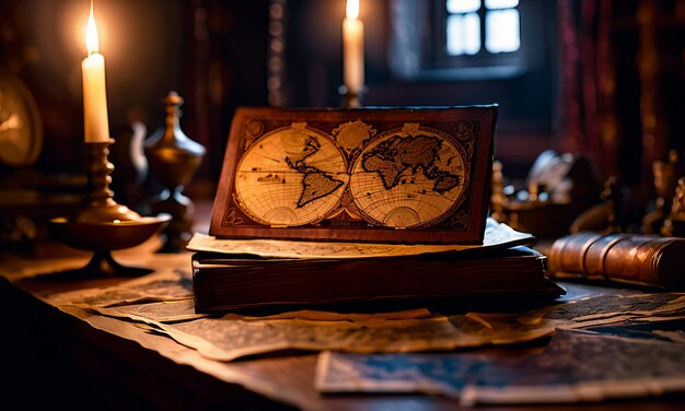 Books and map treasure map on the table in the study room