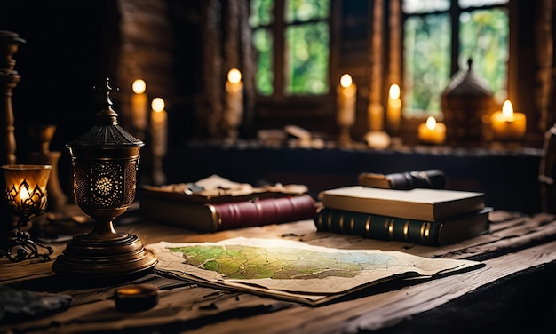 Books and map treasure map on the table in the study room