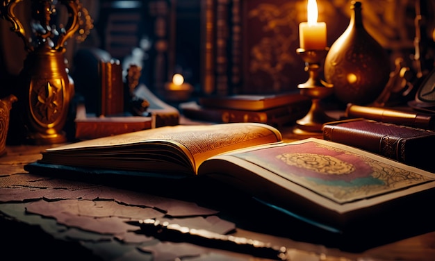 Books and map treasure map on the table in the study room