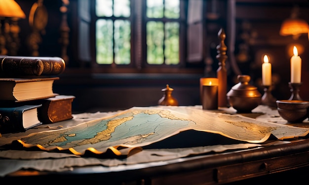 Books and map treasure map on the table in the study room