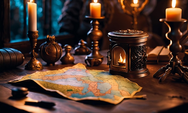 Books and map treasure map on the table in the study room