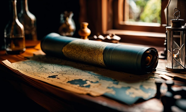 Books and map treasure map on the table in the study room