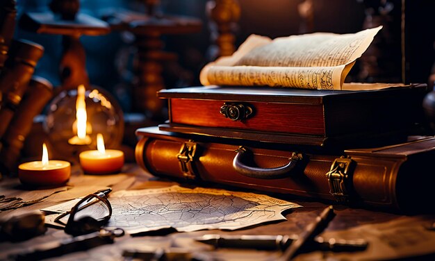 Books and map treasure map on the table in the study room