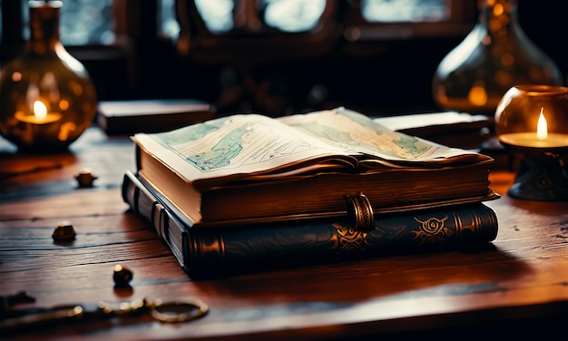 Books and map treasure map on the table in the study room