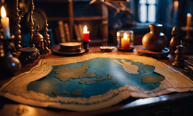 Books and map treasure map on the table in the study room