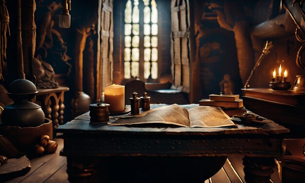 Books and map treasure map on the table in the study room