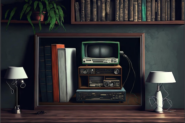 Books and old tv set on bookshelves background created with generative ai