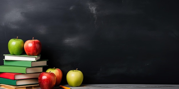 books and one piece of fresh apple against black chalkboard