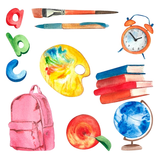books pen brush paints globe letters alarm clock apple backpack. Watercolor isolated