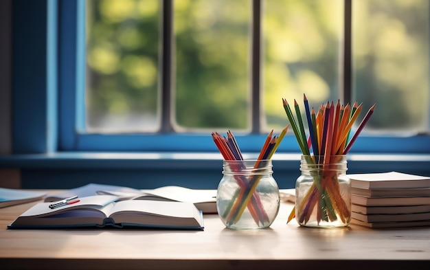 Книги и карандаши на школьном столе против штучного интеллекта