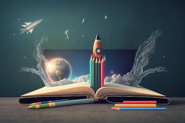 Photo books and pencils with rocket sketch illustration ai generative