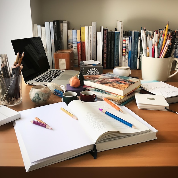 Photo books and pens on a white work desk