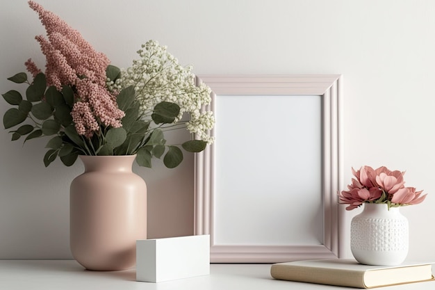 Books photo frame and pink vase of flowers on white wall