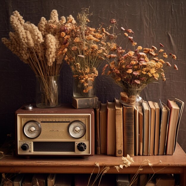 Photo books placed on retro radio receivers with dried flowers on them