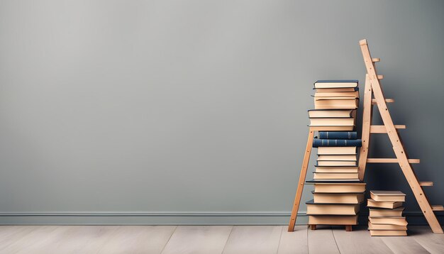 Photo books on a shelf against a gray wall with a ladder leaning against it