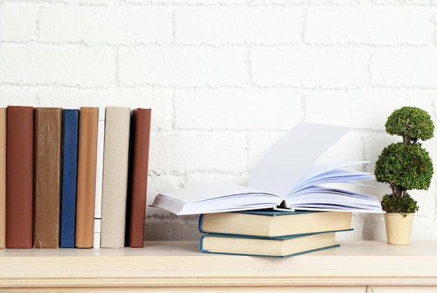 books on shelf on wall background