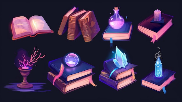 The books of spells have fantasy covers bookmarks and mystery lights Game icons of fairytale wizards and witches having grimoires of spells Modern cartoon illustration of a book of spells