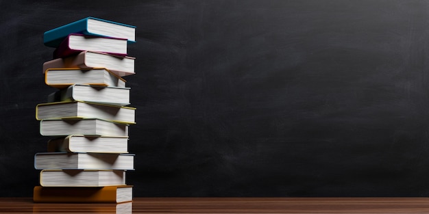 Books stacked on blackboard background 3d illustration