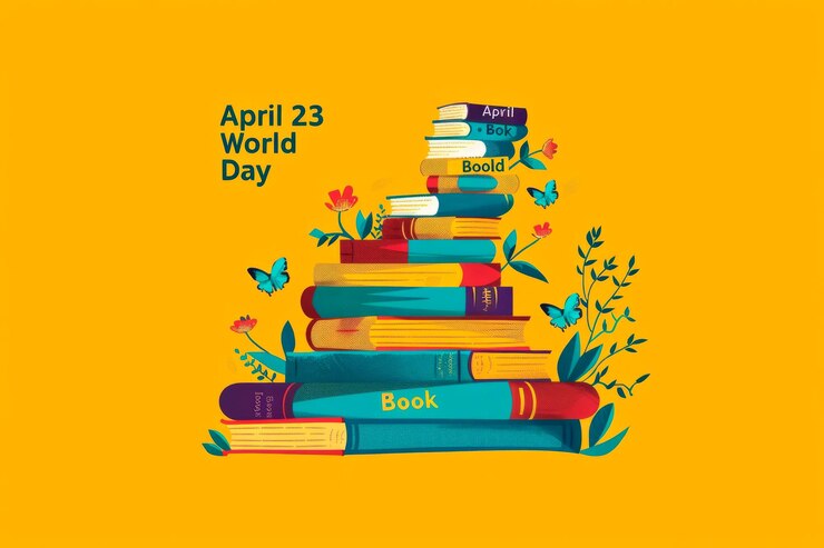Photo books stacked to form the shape of a staircase with the inscription april 23 world book day ascending along the steps symbolizing the journey of learning and discovery generative ai