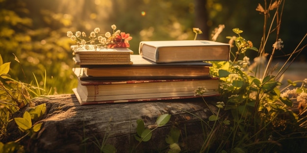 Books stacked on a natural background