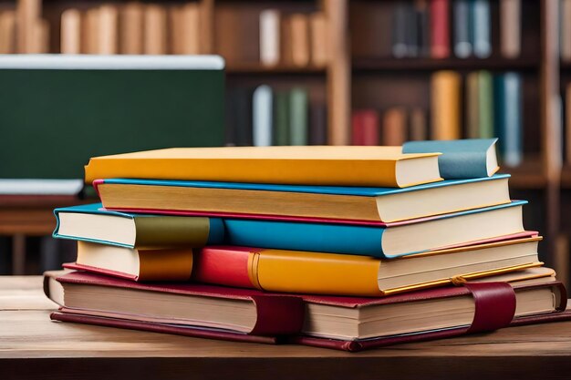 Books stacked on top of each other on a table.