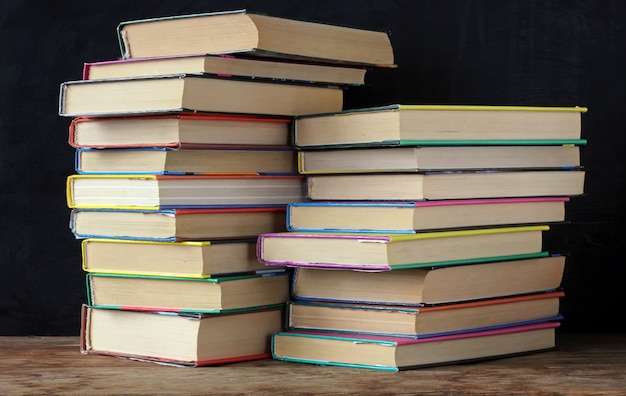 Photo books in stacks on the table. back to school.