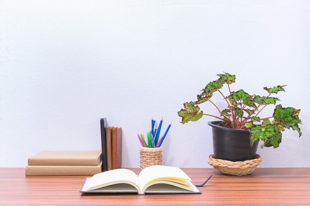 Books and stationery are on the desk in the office