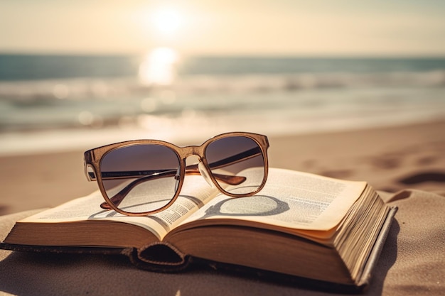 Books and sunglasses on beach background