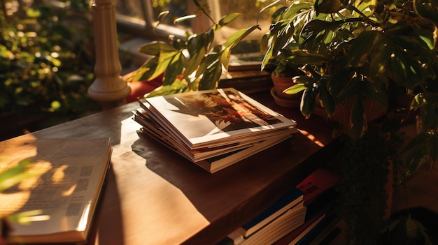 Foto libri alla luce del sole con foglie e ombre sfocano lo sfondo