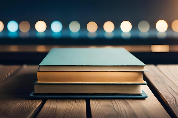 Books on a table with lights in the background