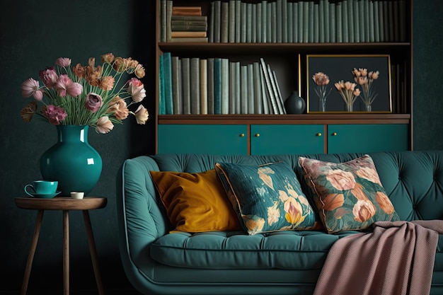 Books and vases on retro cabinet next to comfortable sofa with pillows