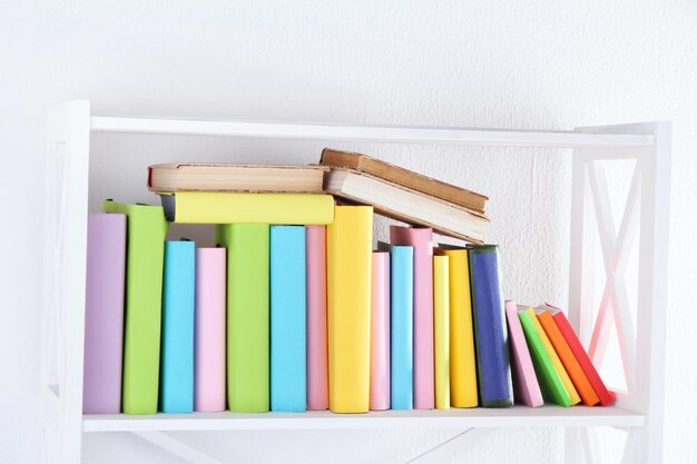 Books on white shelf in room