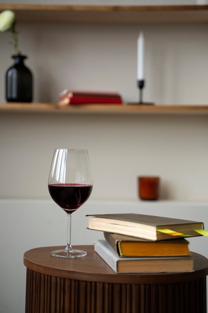 Photo books and wine glass arrangement