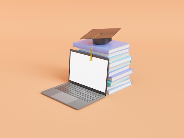 Books with academic hat near laptop