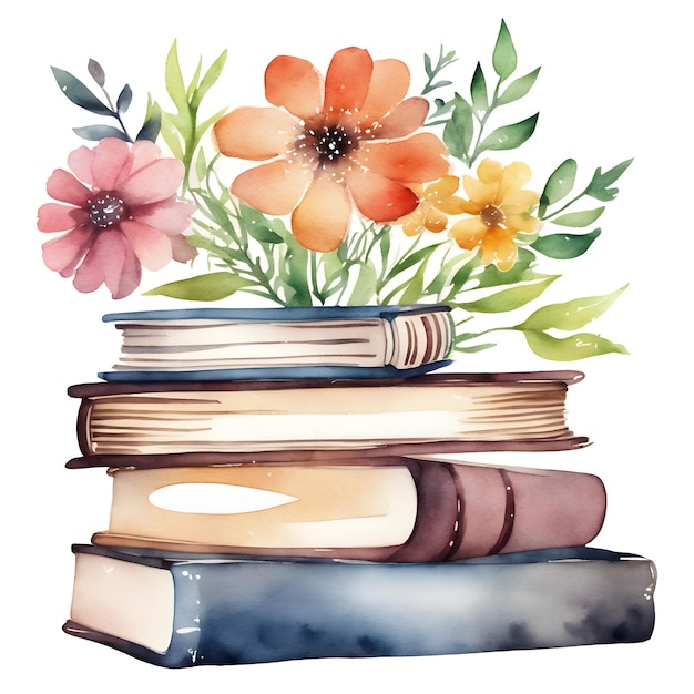 Books with beautiful flowers Watercolor hand painted isolated illustration on white background